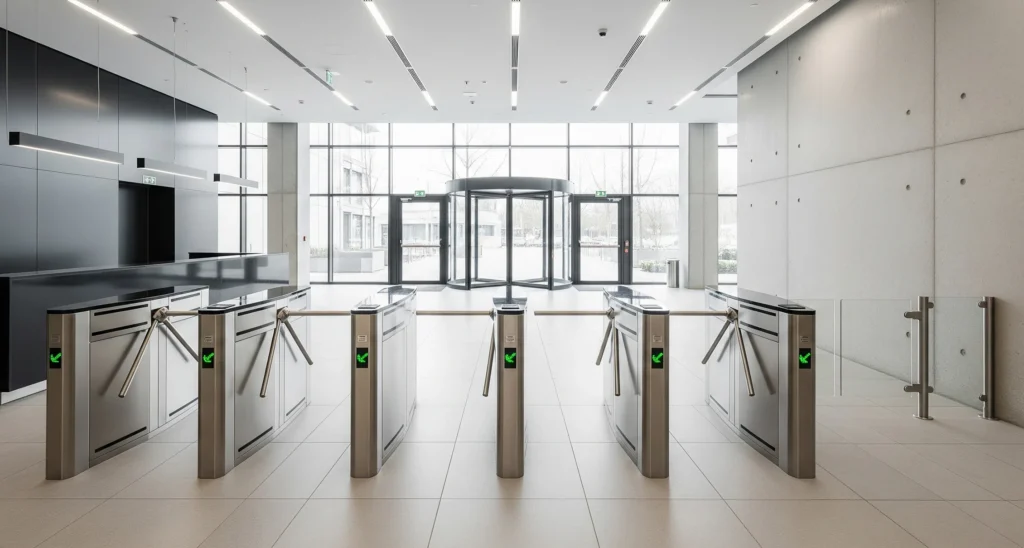 Modern access control gates with card and biometric entry systems in a secure office lobby.