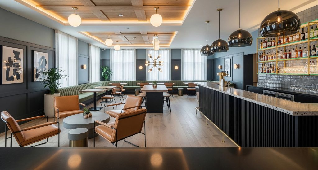 Commercial hospitality lounge with bar counter, leather seating, and modern lighting