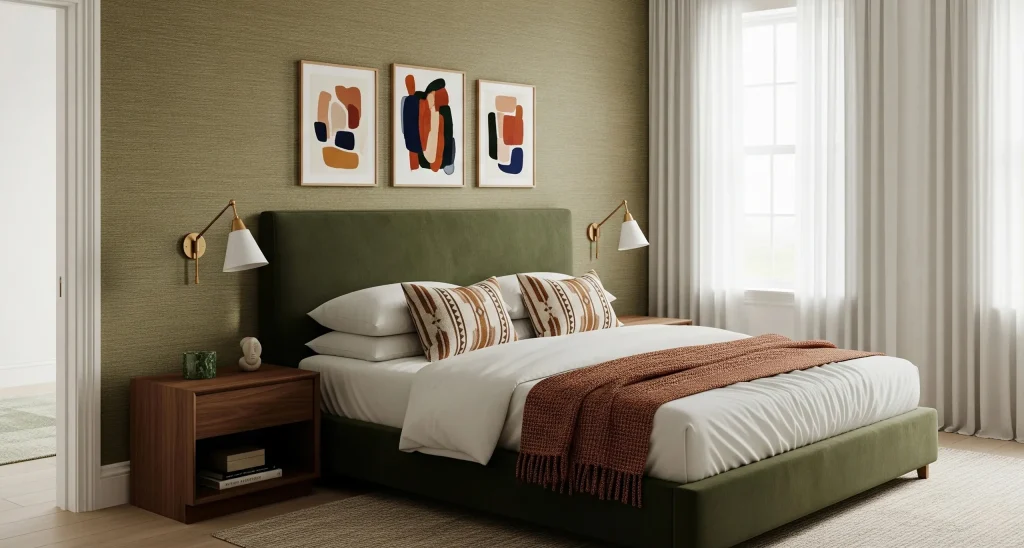 Modern bedroom with olive-green upholstered bed, matching accent pillows, wooden nightstands, and contemporary wall-mounted lamps beside large windows with sheer curtains.