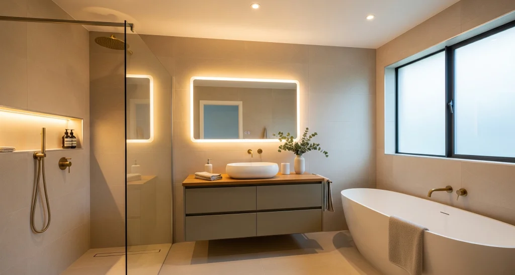 Contemporary bathroom joinery with floating wooden vanity, integrated lighting, walk-in shower, and neutral-toned finishes.
