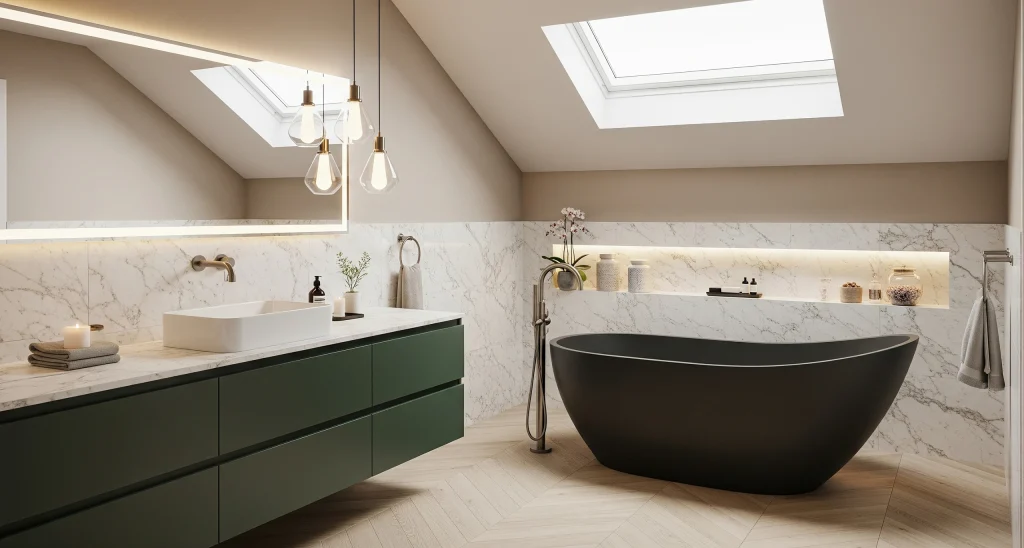 Modern bathroom with wall-mounted vanity, large mirror, walk-in glass shower, and built-in bathtub showcasing bespoke joinery and clean finishes.