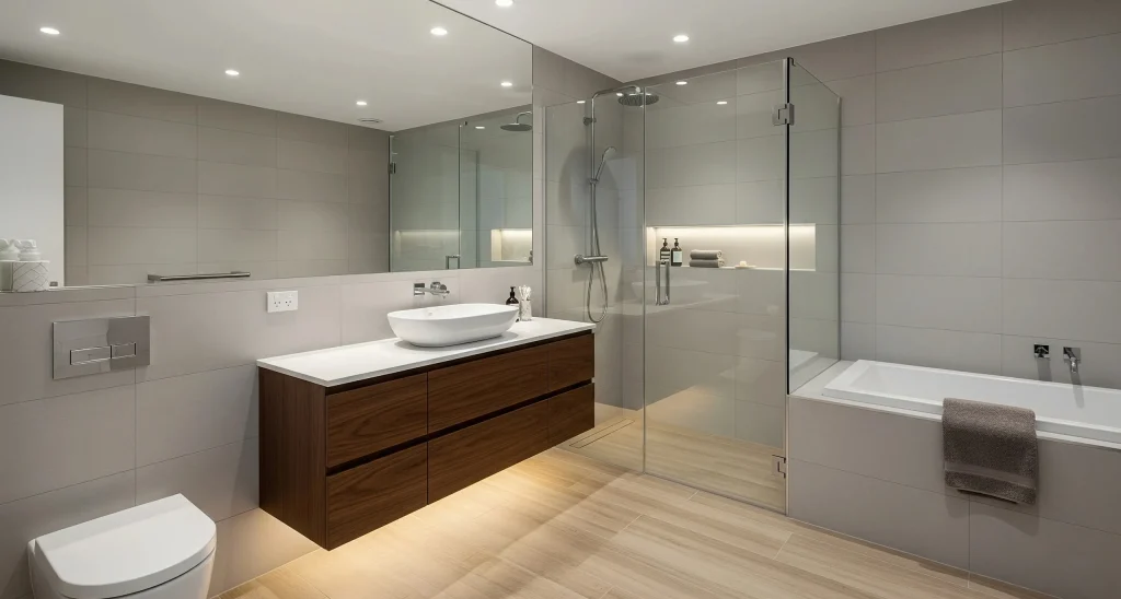 Modern bathroom with glass-enclosed shower, built-in bathtub, floating wooden vanity, large mirror, and soft ambient lighting.