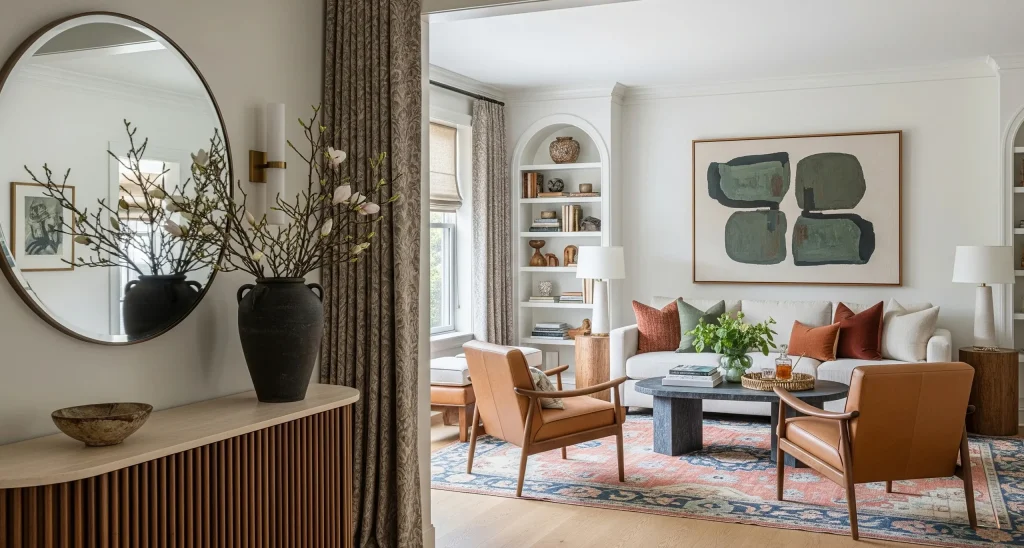 Elegant living room with a neutral sofa, leather armchairs, abstract wall art, built-in bookshelves, and a round mirror above a wooden console.