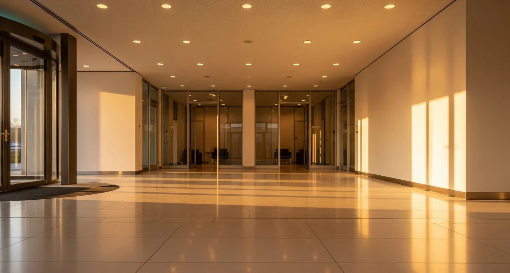 Modern commercial building lobby with large glass doors, warm ceiling lighting, and natural sunlight casting reflections on tiled floors.