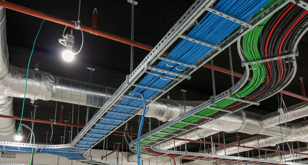 Overhead cable management system with trays, baskets, and conduits for organized electrical wiring, featuring low-smoke zero-halogen materials for safe and efficient building installations by Treem Build.
