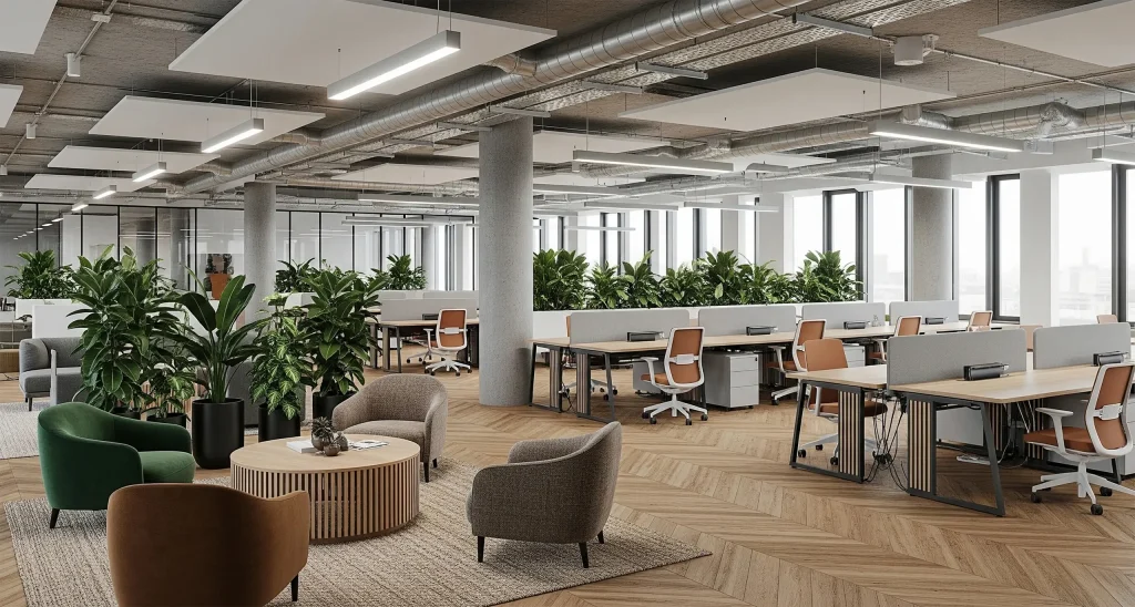 Modern collaborative office workspace with open desks, ergonomic chairs, indoor plants, and lounge seating, designed for a productive and sustainable work environment.