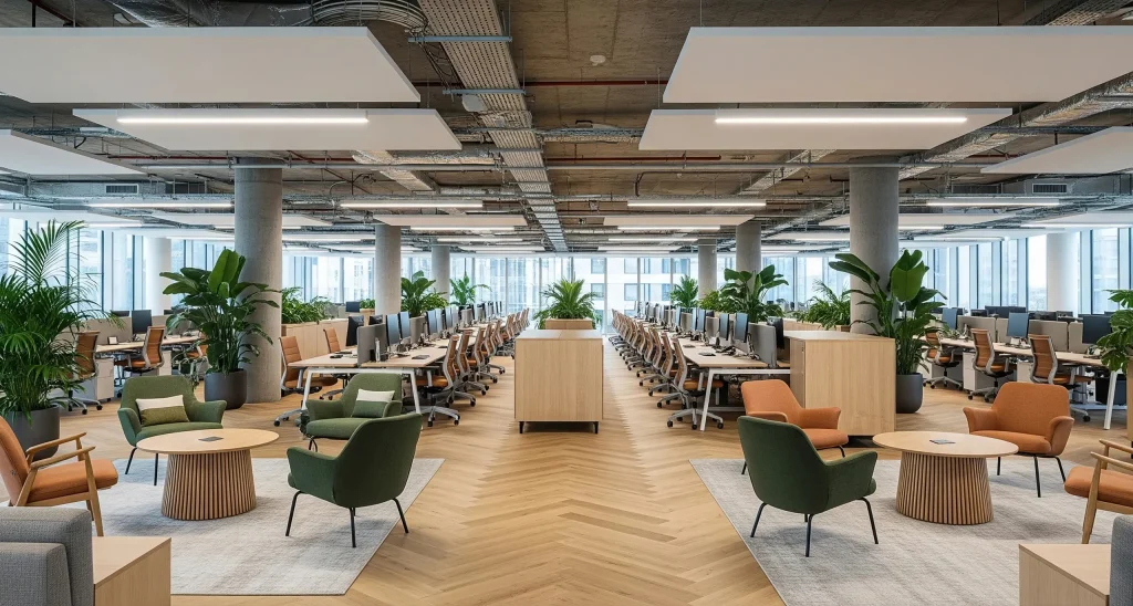Spacious open-plan office with rows of modern workstations, ergonomic chairs, indoor plants, and collaborative seating areas.