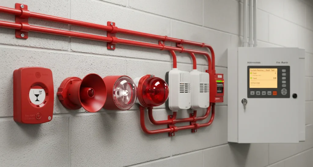 Wall-mounted fire alarm system components with red piping and control panel for compliance testing.