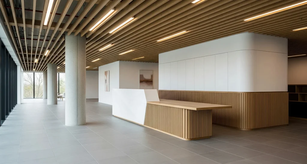 Stylish workspace with collaborative seating and modern lighting, representing concept and design delivery.