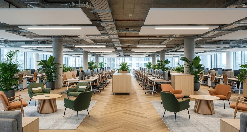 Conference room with long white table, contemporary chairs, and decorative wall panels.