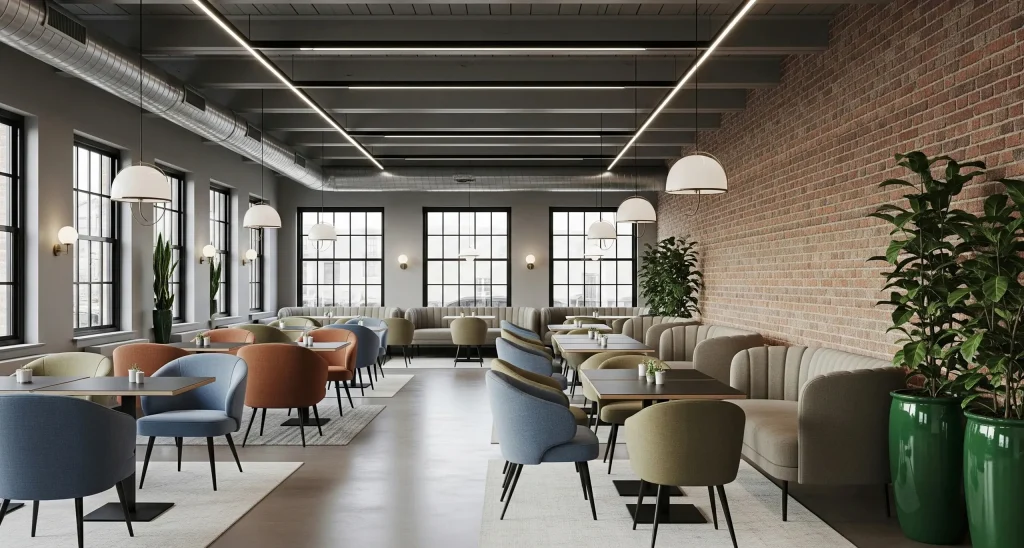 Modern lounge-style meeting area with colorful seating and natural light, designed for consultation and briefing sessions.