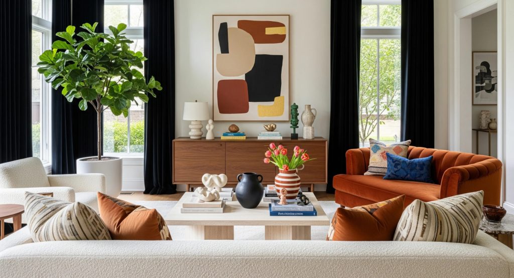 Modern living room with orange sofa, indoor plant, and abstract wall art