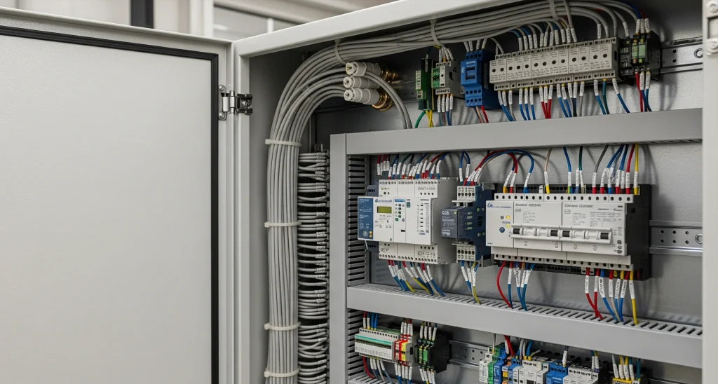 Electrical control panel with neatly organized wiring and building management system integration modules