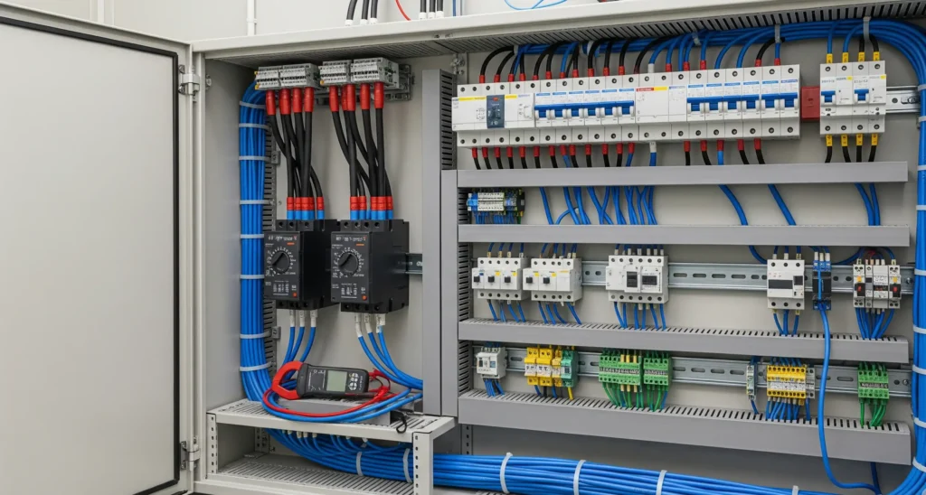 Electrical control panel with wiring, circuit breakers, and smart sensors for building management system (BMS) integration, supporting smart lighting, IoT connectivity, and energy efficiency solutions by Treem Build.