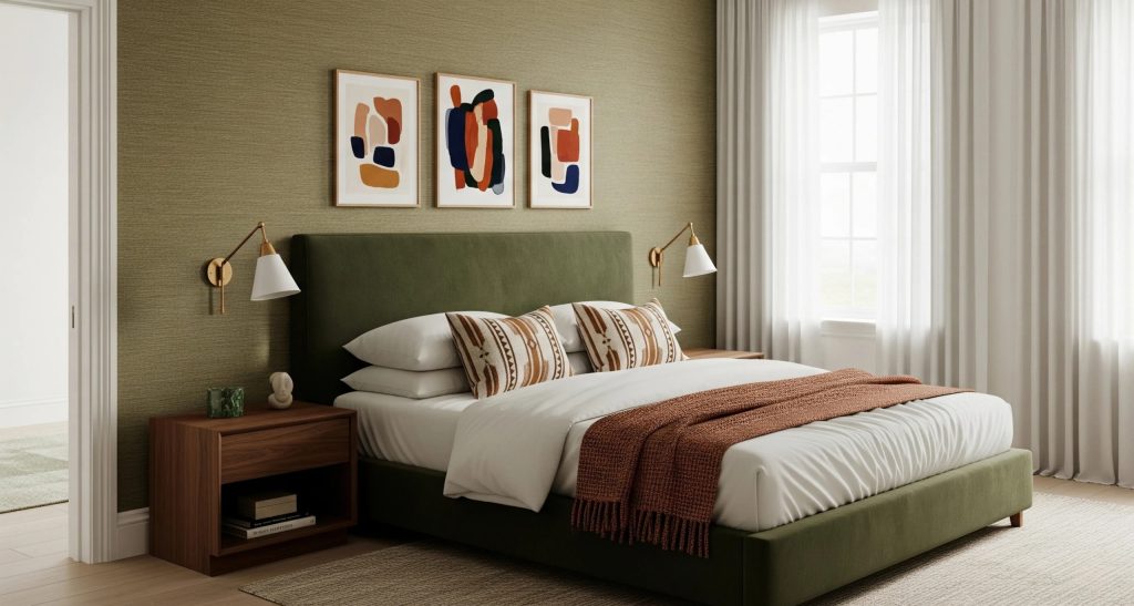 Commercial guest room with green upholstered double bed and framed artwork