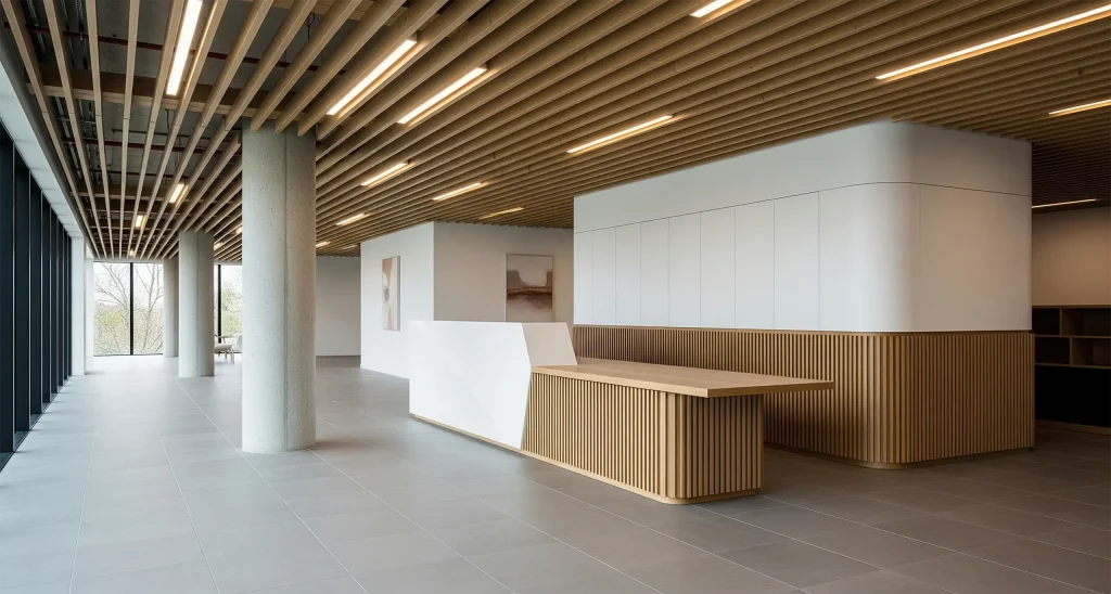 Modern office reception design with wood slat ceiling, minimalist white counter, and floor-to-ceiling glass windows.