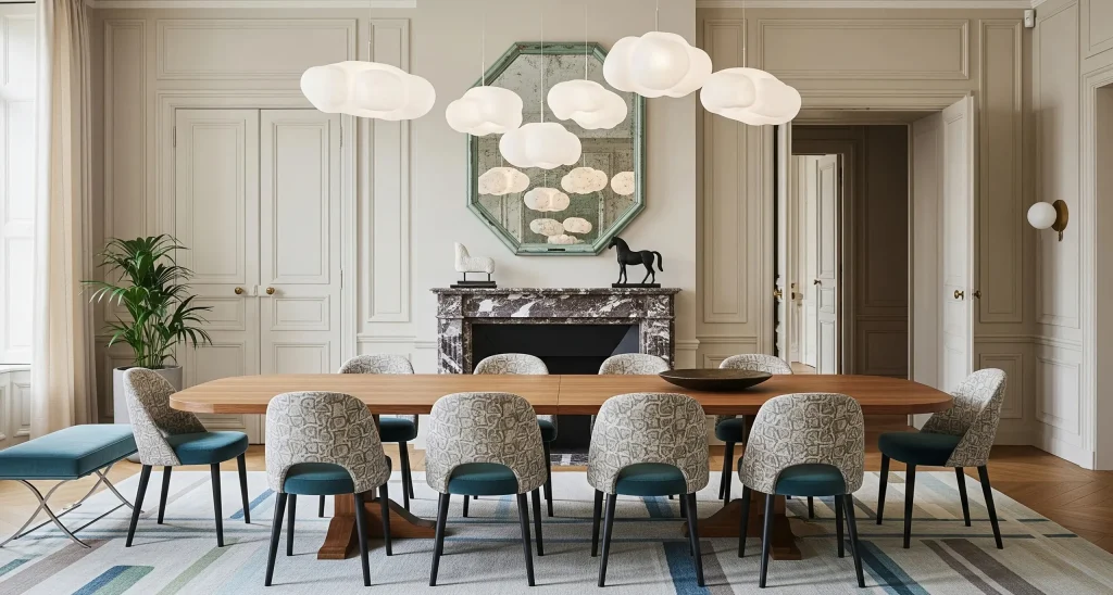 Elegant dining room gallery space with long wooden table, patterned chairs, statement pendant lights, and marble fireplace with decorative mirror.