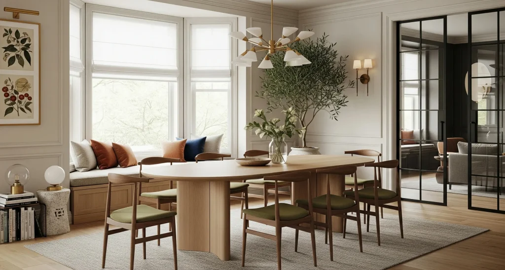 Bright dining room with light wood oval dining table, green-upholstered chairs, large window seating with colorful cushions, and indoor plants adding a fresh touch.