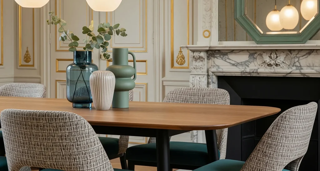 Elegant residential dining space with modern wooden table, upholstered chairs, and decorative vases in a classic interior setting
