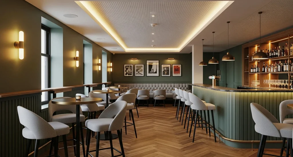 Modern office lounge with mixed seating arrangements, exposed ceiling, and large industrial windows.