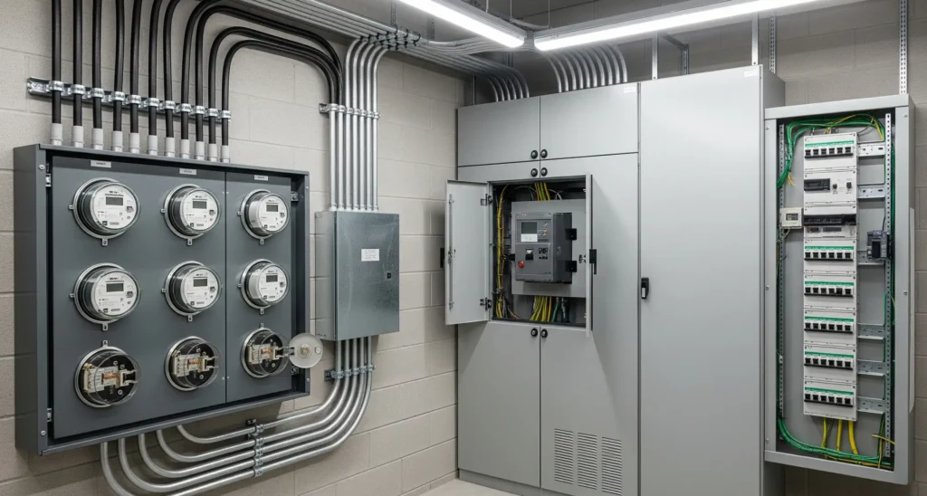 Modern electrical control room with multiple power meters, distribution panels, and circuit breakers, representing Treem Build’s MEP electrical services for safe and efficient power management.