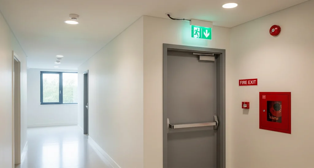 Illuminated emergency exit sign, fire exit door, and fire safety equipment in a corridor, demonstrating Treem Build’s compliant emergency lighting and evacuation signage solutions for safe building evacuation.