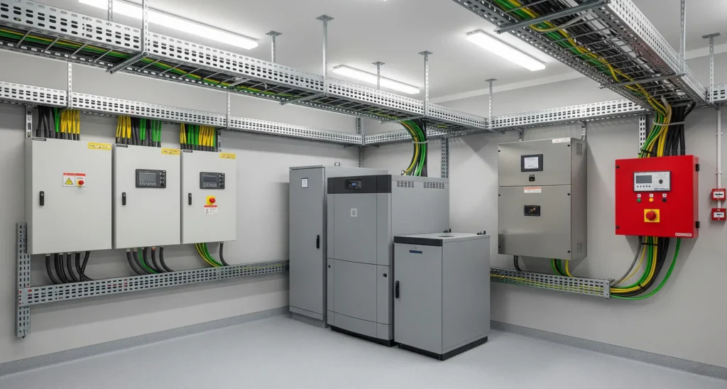 Electrical control room with UPS units, generator changeover panels, and integrated fire safety systems.