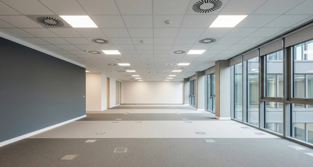 Spacious empty modern office interior with carpet flooring, large glass windows, white ceiling panels, and accent dark feature wall.