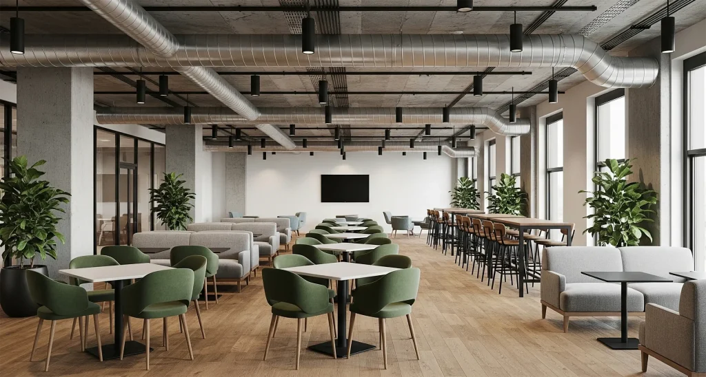 Modern co-working café space with green chairs, lounge seating, and exposed industrial ceiling ducts.