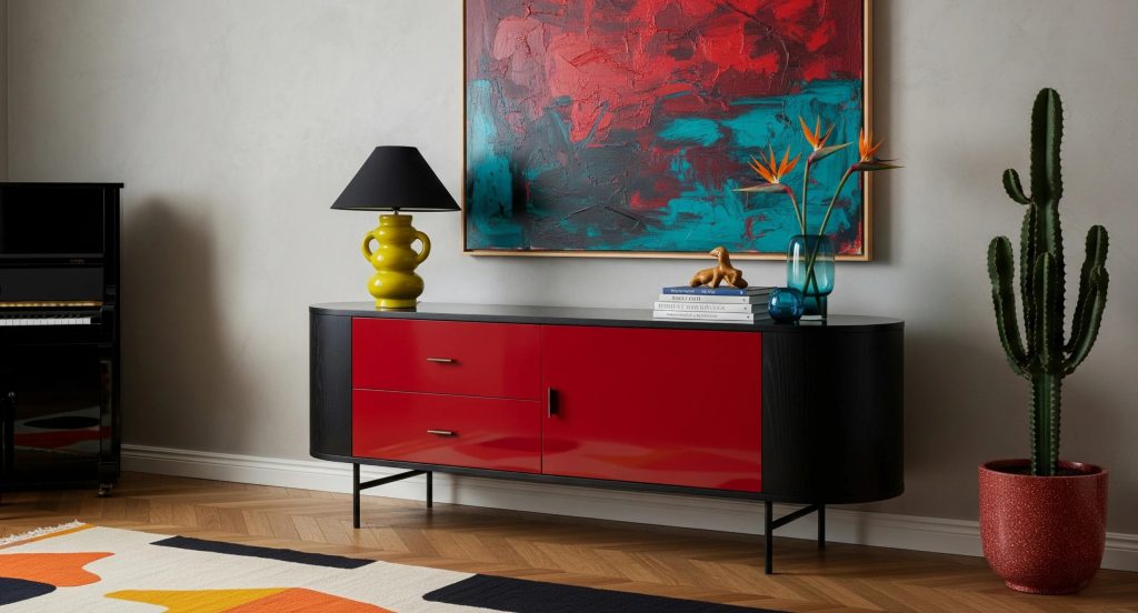 Modern living room interior with red sideboard, abstract wall art, cactus plant, decorative lamp, and parquet flooring.