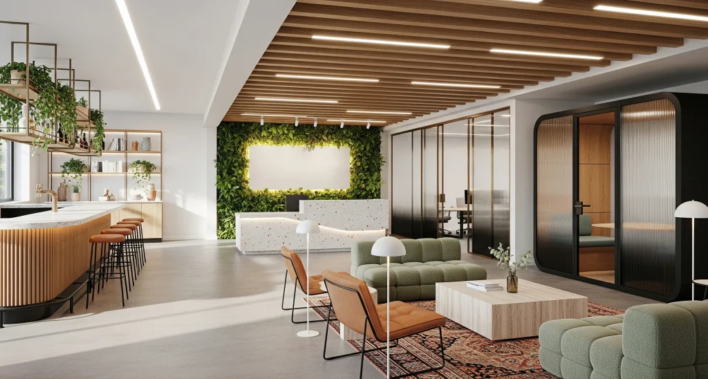 Meeting space with white chairs, exposed ceiling ducts, and large windows, representing FF&E and brand activation.