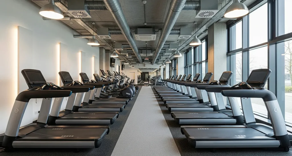 Contemporary office gym with rows of treadmills, large windows for natural light, and industrial-style ceiling with exposed ductwork, promoting workplace wellness.