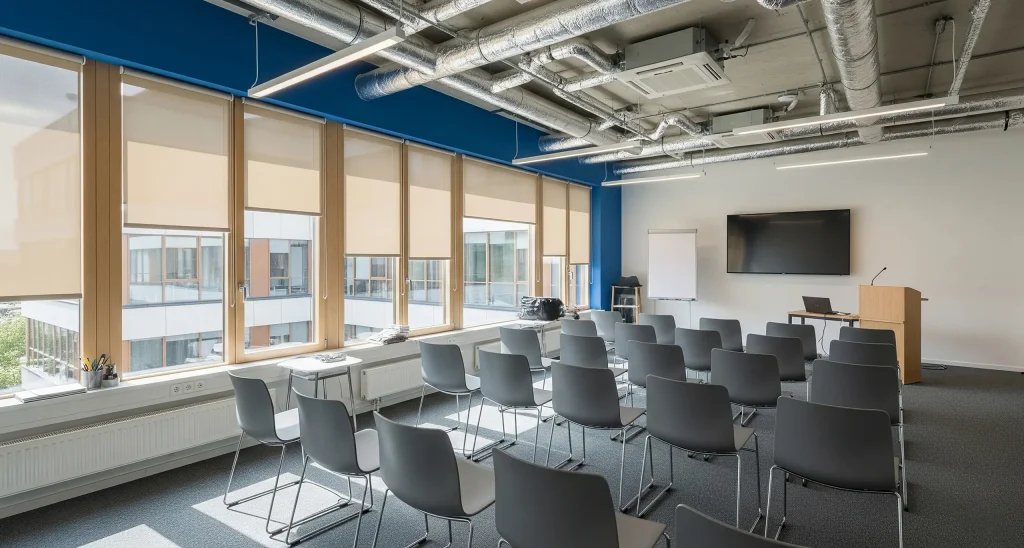 Modern CAT B fit out with HVAC design and installation, featuring acoustic partitions and climate control systems.
