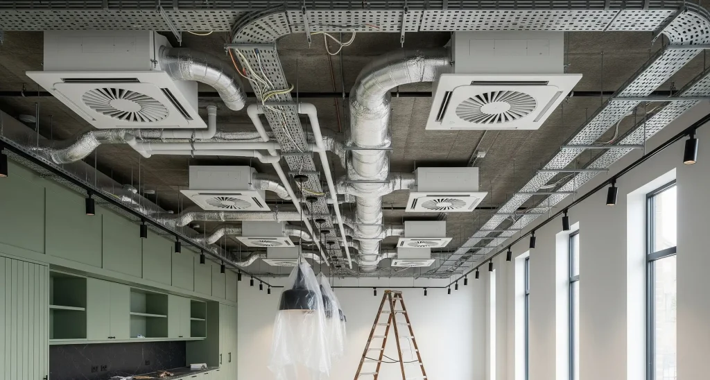 Exposed ceiling showing HVAC ductwork, air conditioning units, and ventilation system installation in progress.