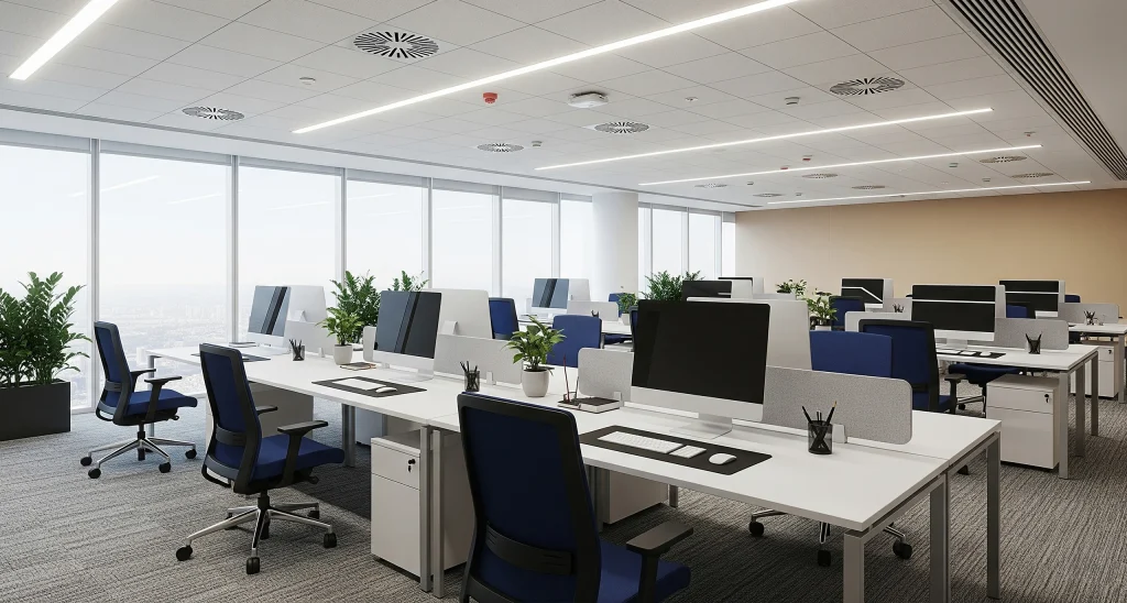 Modern open-plan office with multiple workstations, ergonomic chairs, and natural lighting used for heating and cooling load analysis.