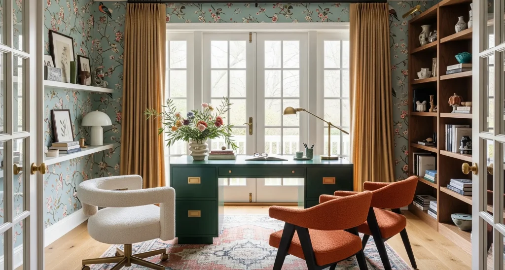 Stylish home office with floral wallpaper, green desk, wooden bookshelves, and modern chairs by large French windows.