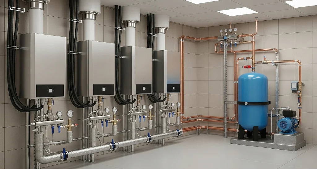 Boiler room with stainless steel hot water systems, pumps, gauges, and copper piping for efficient heating.