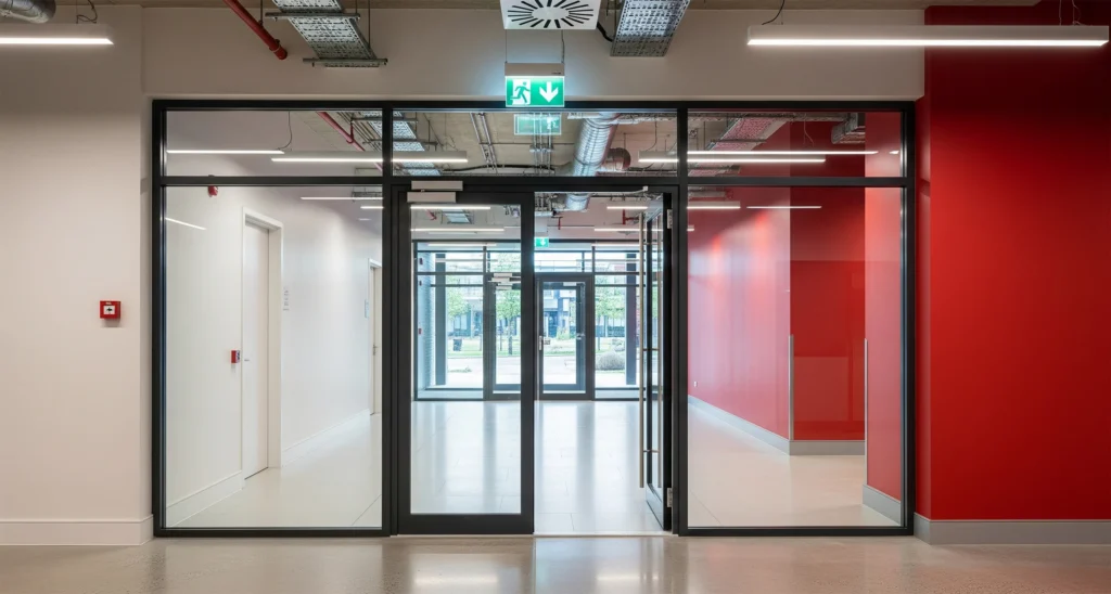 Modern commercial building entrance with fire safety doors, emergency exit signage, and integrated building management systems, representing Treem Build’s fire, security, and safety solutions for coordinated response.
