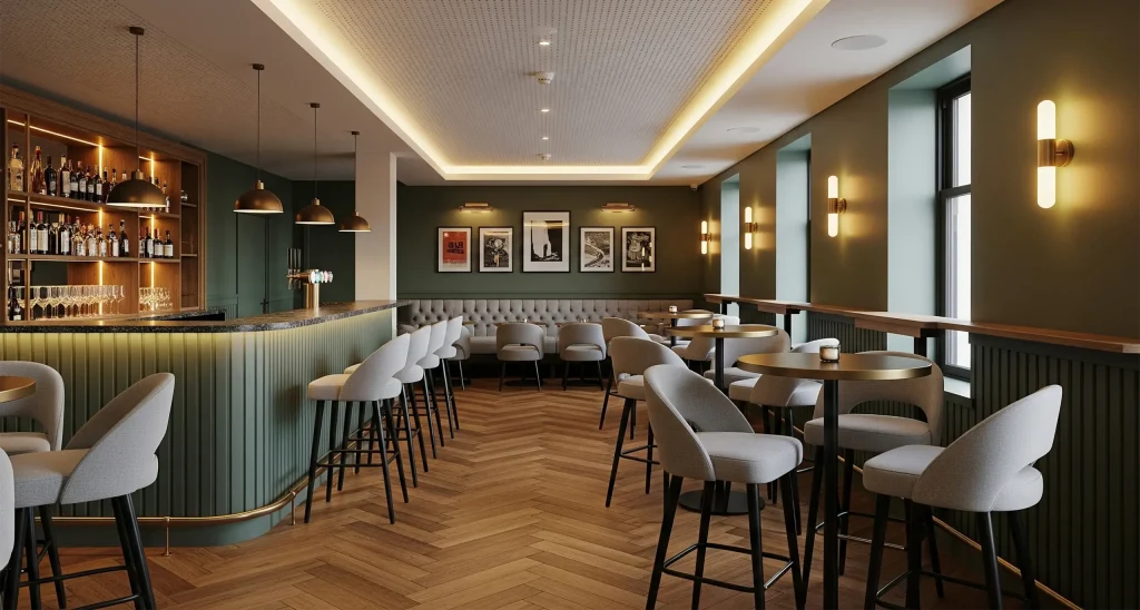 Stylish restaurant bar fit-out with parquet wooden flooring, upholstered bar stools, and warm pendant lighting.