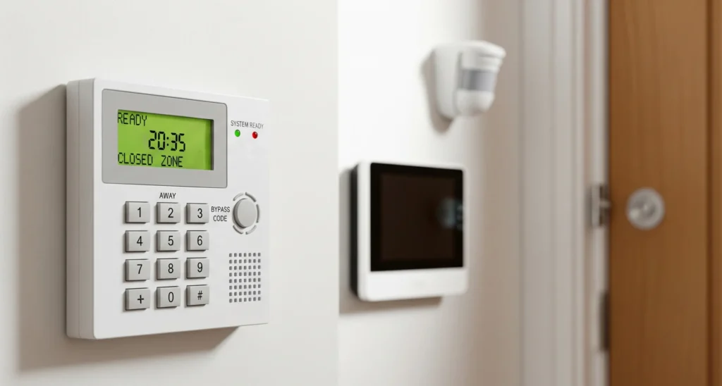 Wall-mounted intruder alarm keypad and control panel with integrated security monitoring system.