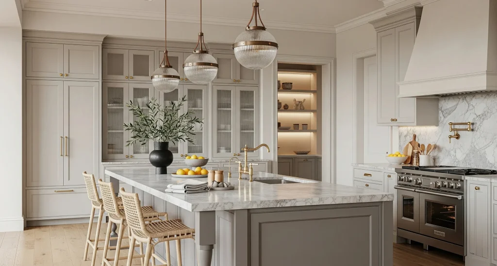 Elegant kitchen with marble countertops, large island with bar stools, pendant lights, and modern appliances in a light grey and gold finish.