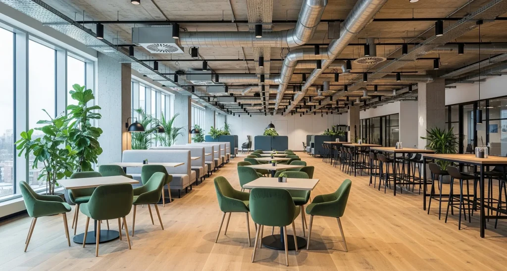 Modern office cafeteria with green chairs, booth seating, and exposed ceiling ducts featuring energy-efficient architectural and ambient lighting design.