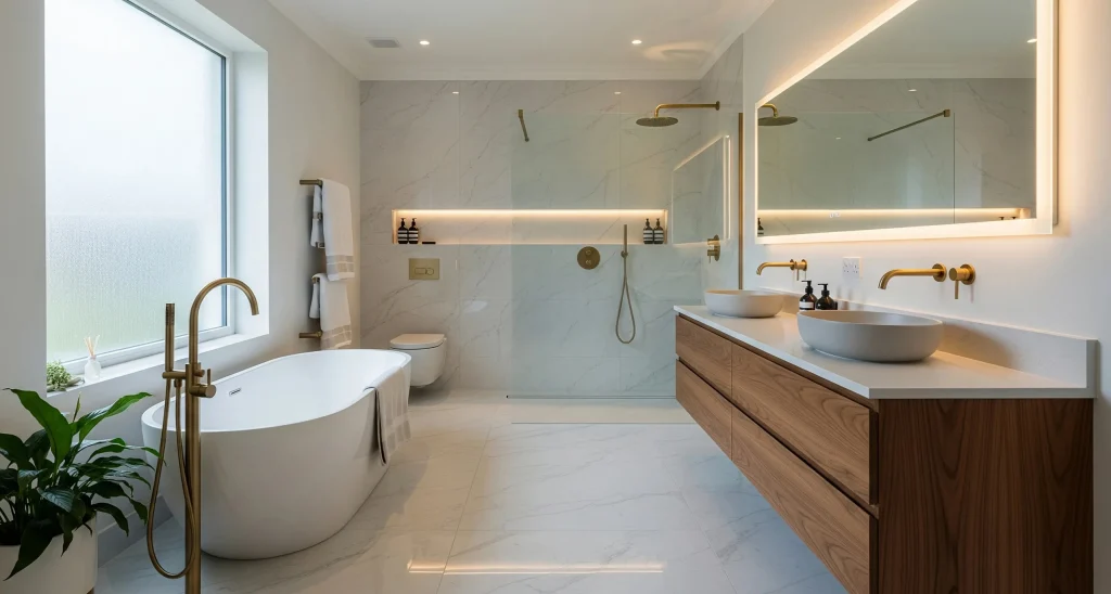 Bathroom joinery with concealed LED lighting, illuminated mirrors, and integrated power solutions for a contemporary finish.