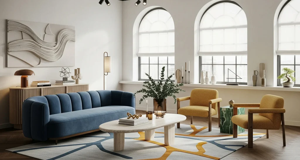 Modern living room interior with arched windows, blue sofa, mustard armchairs, patterned rug, and decorative console table, designed for residential build projects.