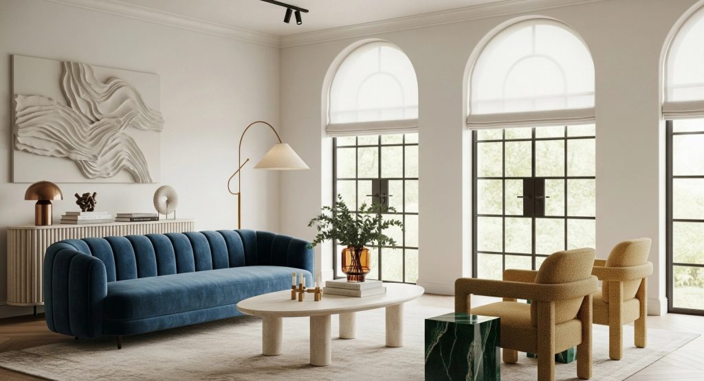 Commercial lounge with blue sofa, modern chairs, and arched windows