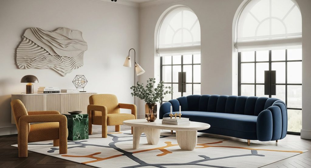 Modern lounge area with arched windows, blue velvet sofa, mustard armchairs, and contemporary decor for a stylish interior design setting