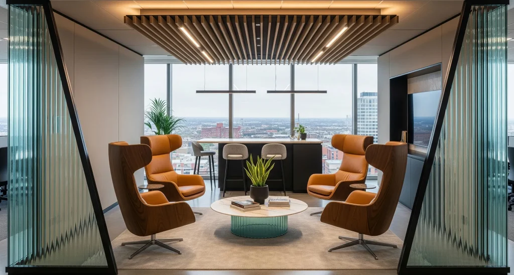 Modern lounge area with a navy blue sofa, two tan armchairs, a sculptural wall mirror, and arched windows, styled for Treem Build design and build services.