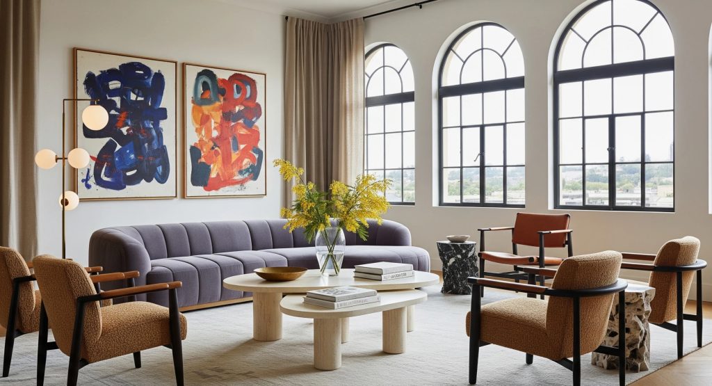 Modern residential lounge area with sofa, armchairs, coffee tables, and large arched windows