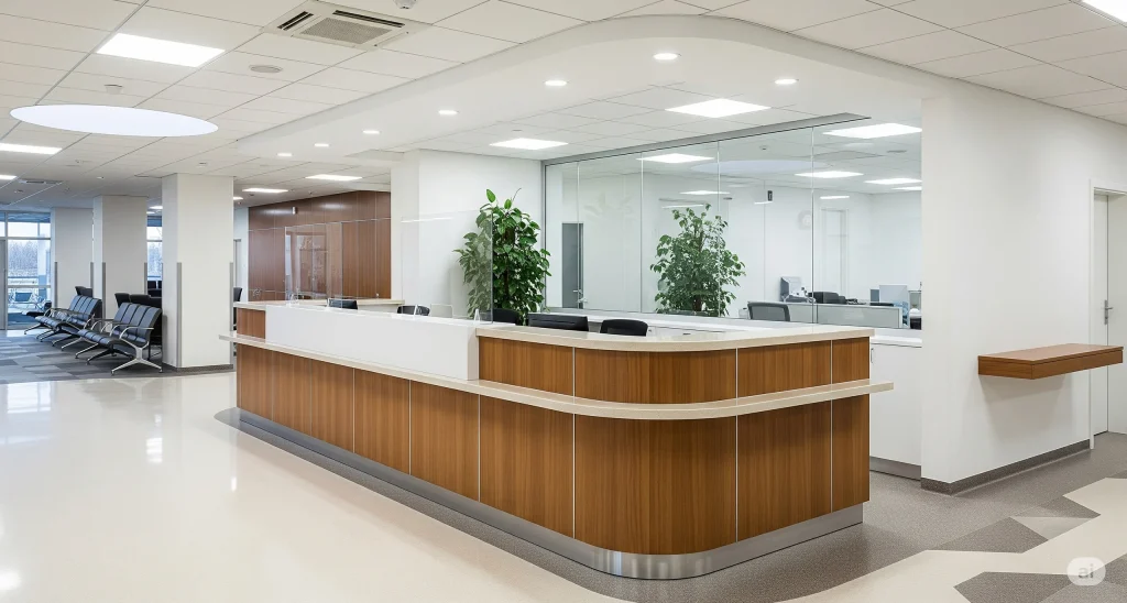 Conference room with long white tables, modern chairs, and overhead lighting, highlighting MEP and technology integration.