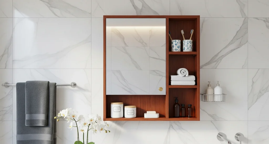 Bespoke mirrored bathroom cabinet with wall storage, integrated lighting, and adjustable shelving for modern interiors.